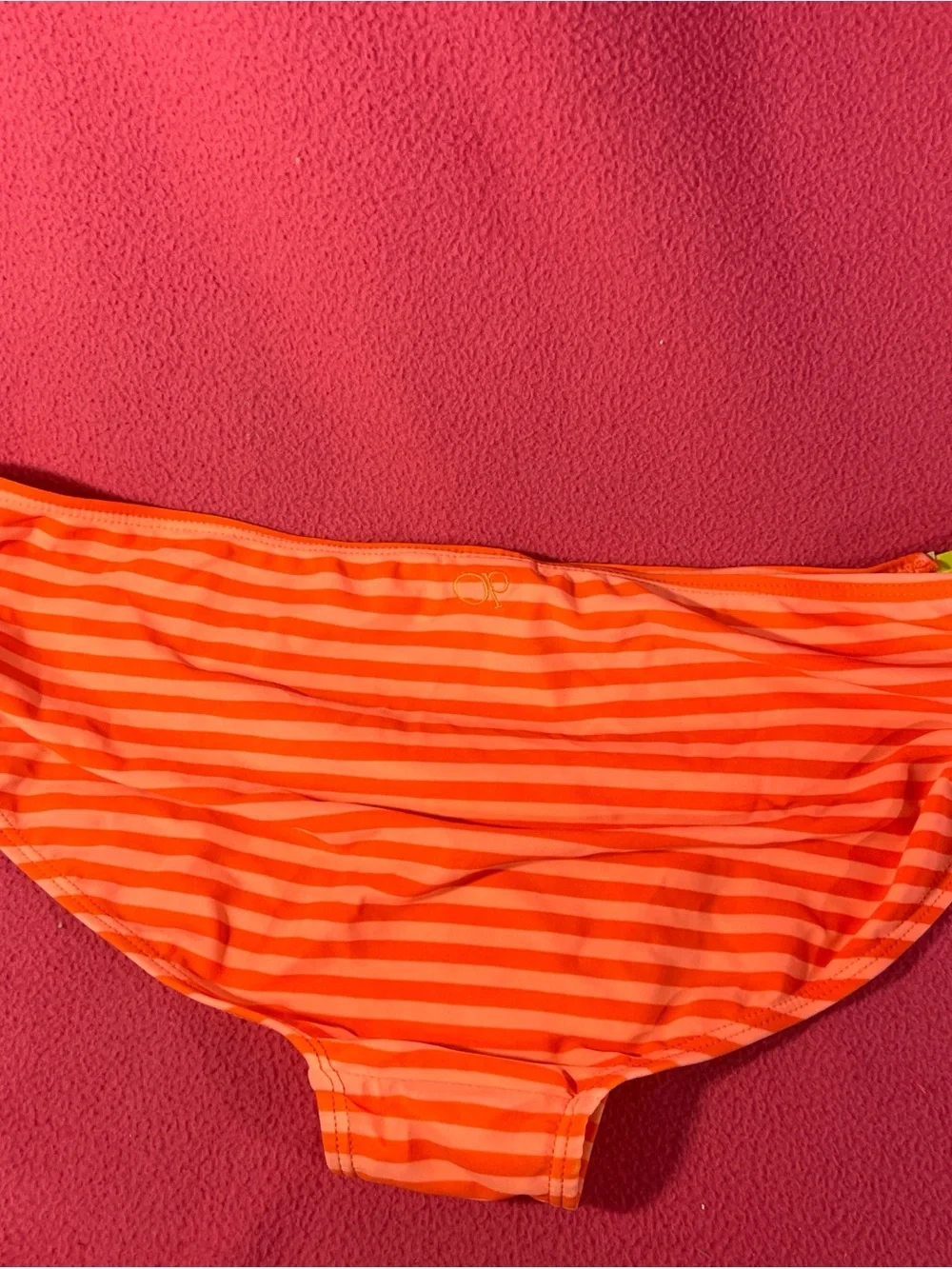 OP Bright Coral Pink and Yellow Striped Kids Swim Trunks